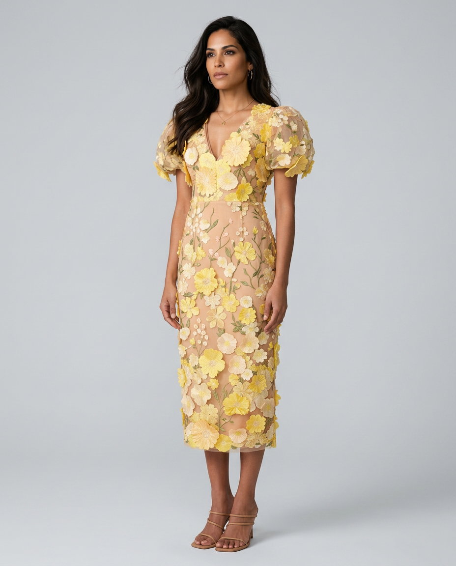 Women's Floral Embroidered V Neck Midi Dress with Puff Sleeves – Occasion & Wedding Guest