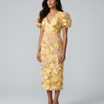 Women's Floral Embroidered V Neck Midi Dress with Puff Sleeves – Occasion & Wedding Guest