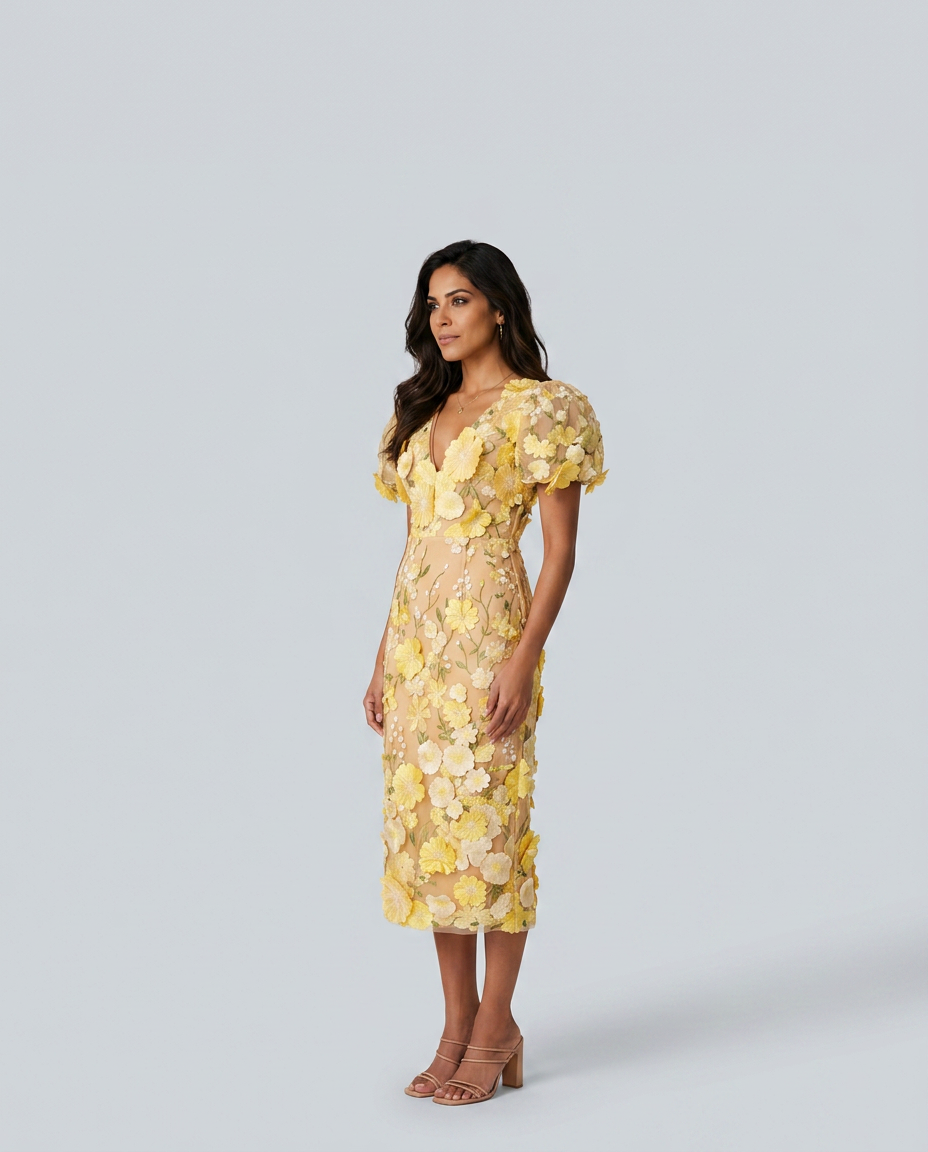 Women's Floral Embroidered V Neck Midi Dress with Puff Sleeves – Occasion & Wedding Guest