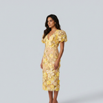 Women's Floral Embroidered V Neck Midi Dress with Puff Sleeves – Occasion & Wedding Guest