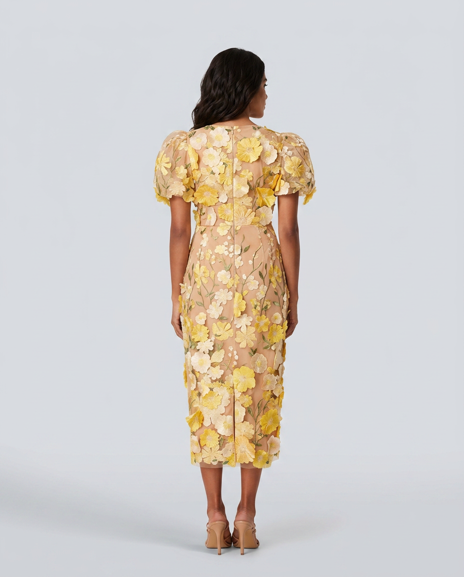 Women's Floral Embroidered V Neck Midi Dress with Puff Sleeves – Occasion & Wedding Guest