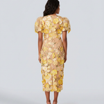 Women's Floral Embroidered V Neck Midi Dress with Puff Sleeves – Occasion & Wedding Guest