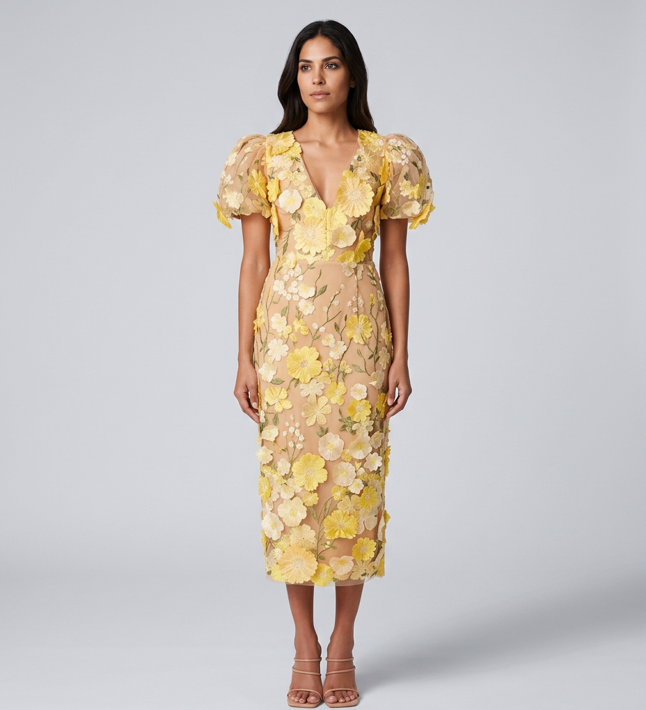 Women's Floral Embroidered V Neck Midi Dress with Puff Sleeves – Occasion & Wedding Guest