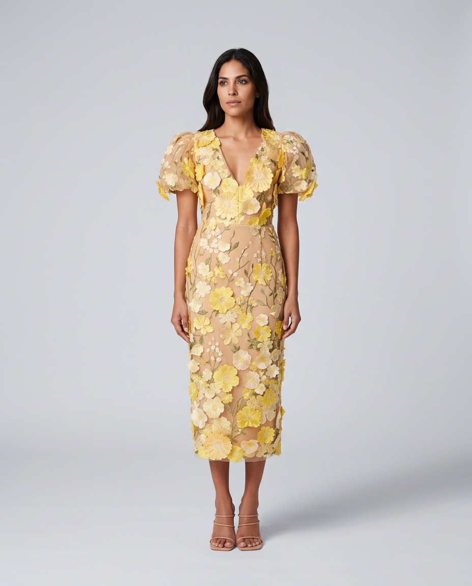 Women's Floral Embroidered V Neck Midi Dress with Puff Sleeves – Occasion & Wedding Guest