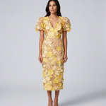 Women's Floral Embroidered V Neck Midi Dress with Puff Sleeves – Occasion & Wedding Guest