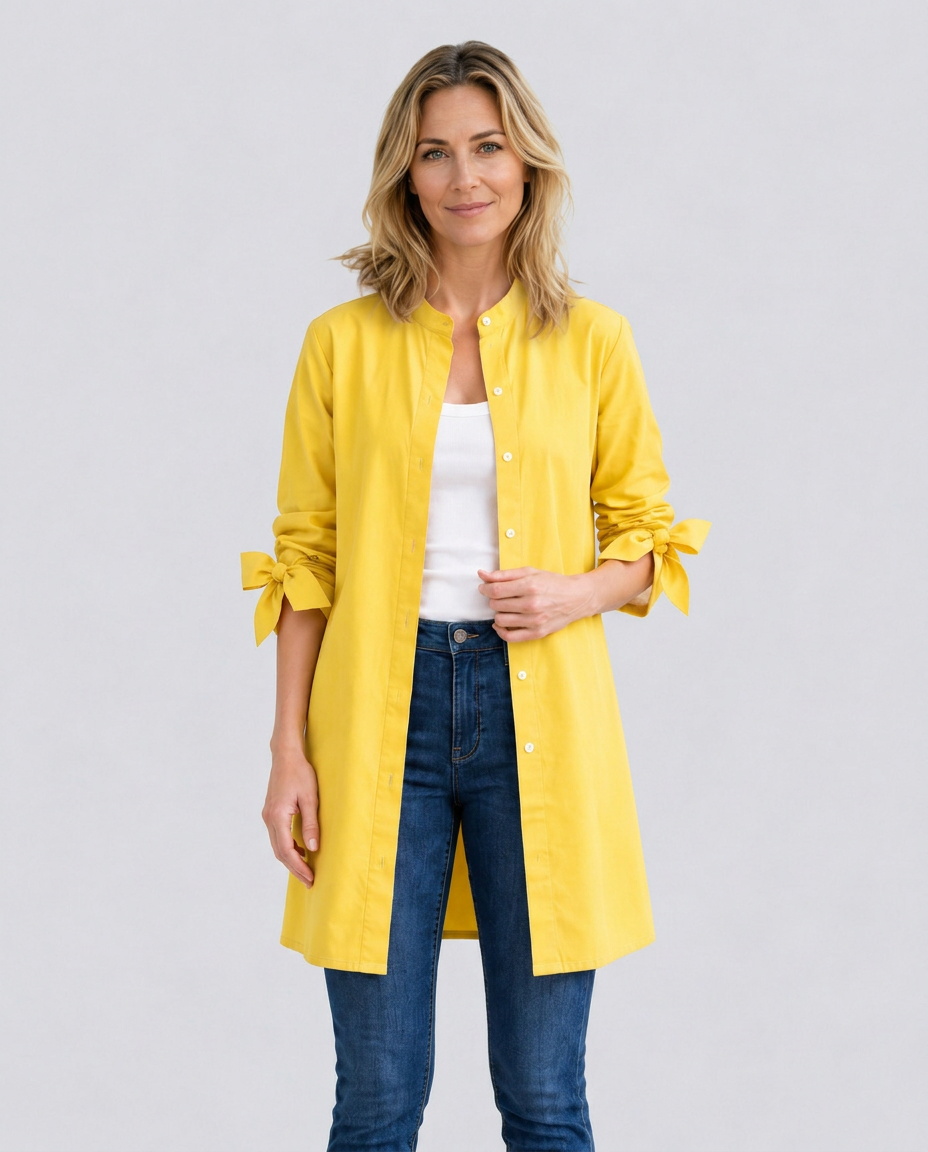 Women's Longline Oversized Shirt with Tie Sleeves – Button-Up Cotton Blend Summer Shirt