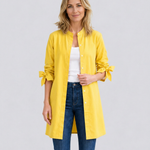 Women's Longline Oversized Shirt with Tie Sleeves – Button-Up Cotton Blend Summer Shirt