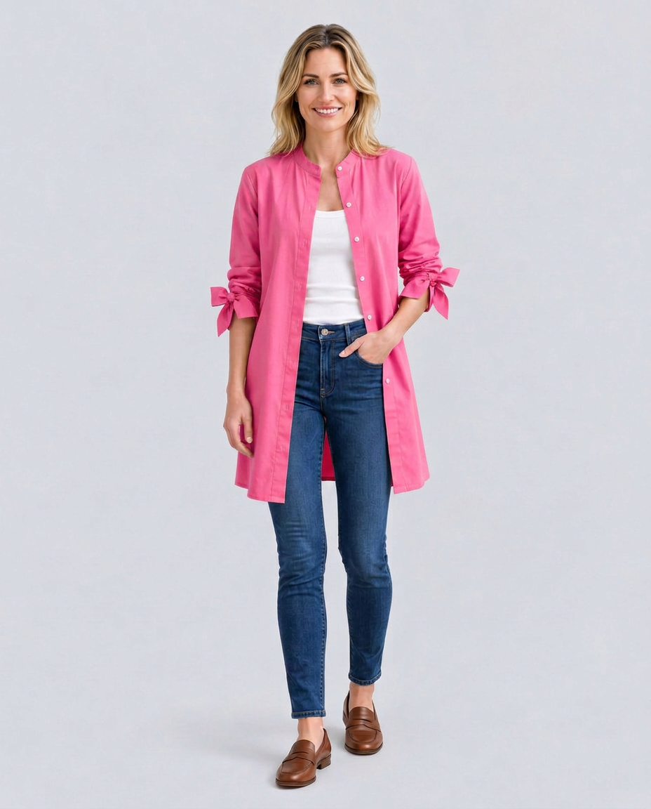 Women's Longline Oversized Shirt with Tie Sleeves – Button-Up Cotton Blend Summer Shirt