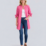 Women's Longline Oversized Shirt with Tie Sleeves – Button-Up Cotton Blend Summer Shirt