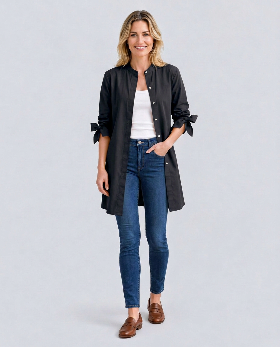 Women's Longline Oversized Shirt with Tie Sleeves – Button-Up Cotton Blend Summer Shirt