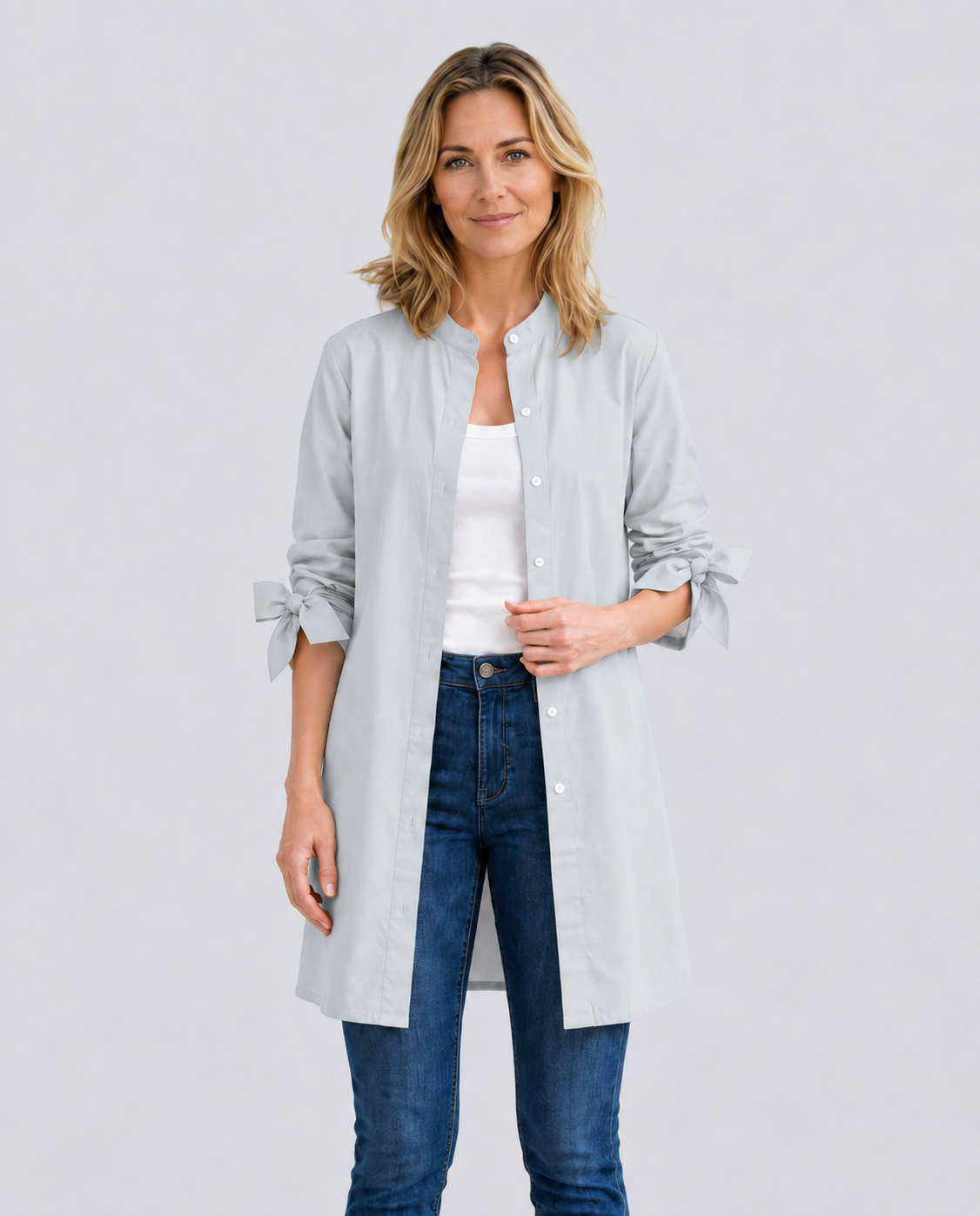 Women's Longline Oversized Shirt with Tie Sleeves – Button-Up Cotton Blend Summer Shirt