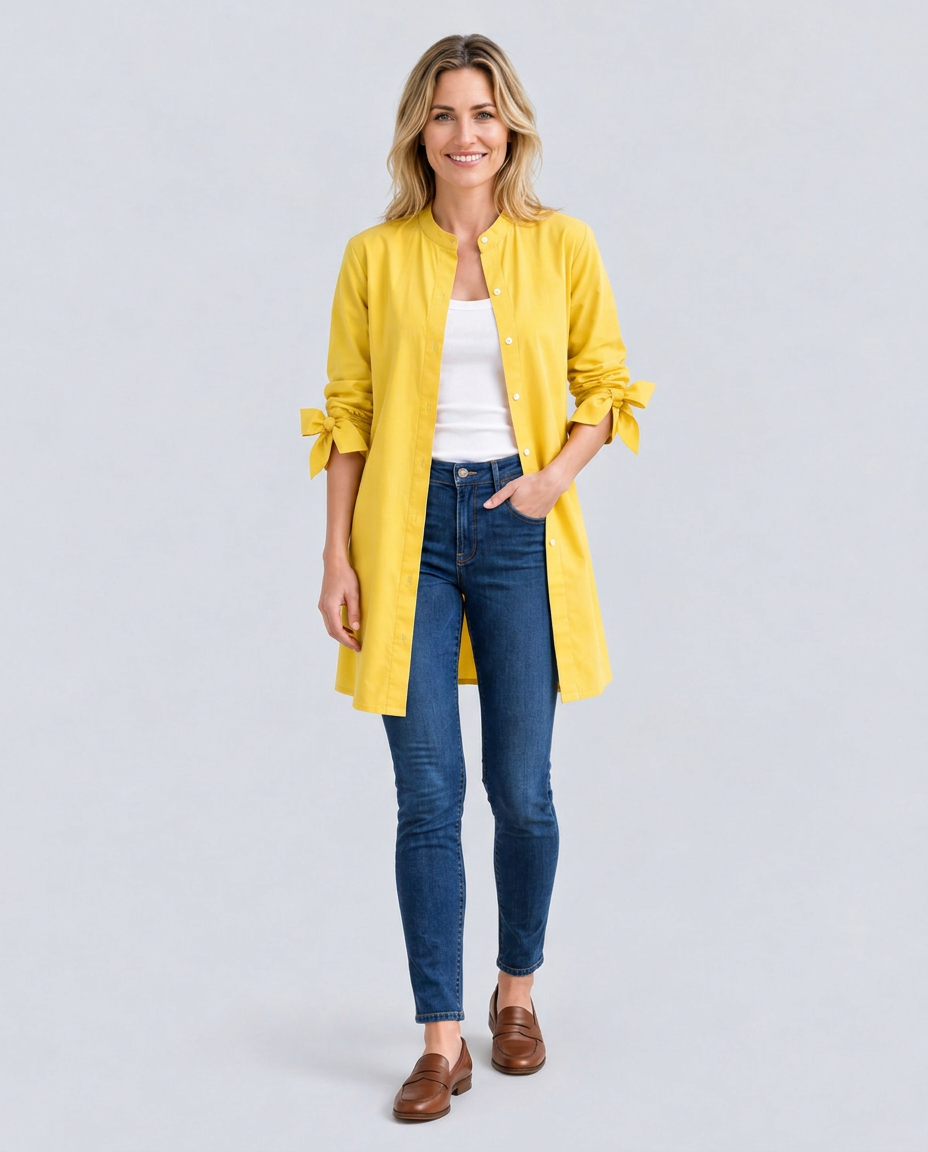 Women's Longline Oversized Shirt with Tie Sleeves – Button-Up Cotton Blend Summer Shirt