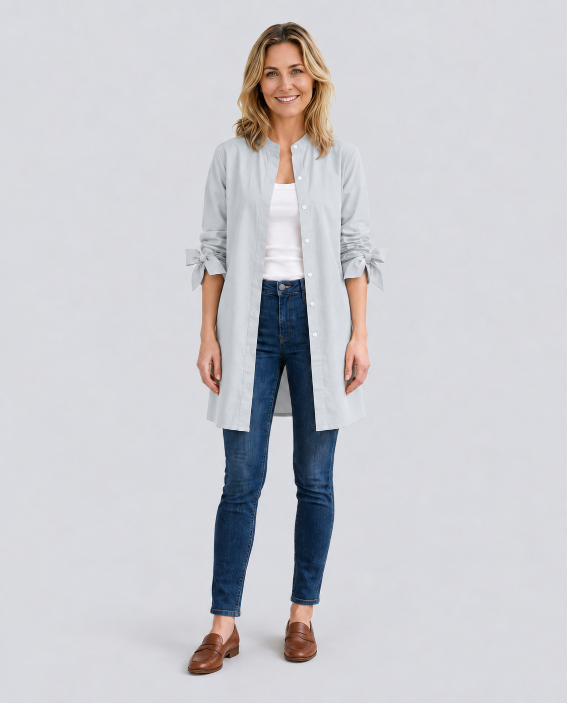 Women's Longline Oversized Shirt with Tie Sleeves – Button-Up Cotton Blend Summer Shirt