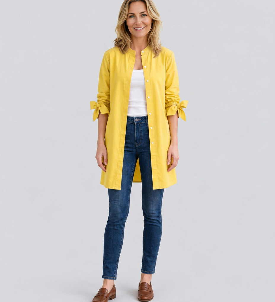 Women's Longline Oversized Shirt with Tie Sleeves – Button-Up Cotton Blend Summer Shirt