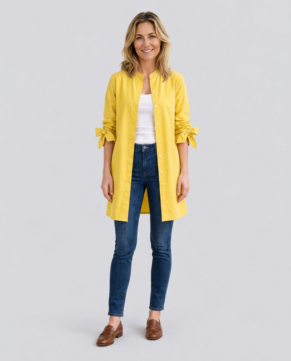 Women's Longline Oversized Shirt with Tie Sleeves – Button-Up Cotton Blend Summer Shirt