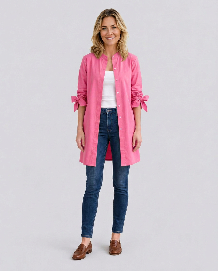 Women's Longline Oversized Shirt with Tie Sleeves – Button-Up Cotton Blend Summer Shirt