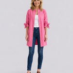 Women's Longline Oversized Shirt with Tie Sleeves – Button-Up Cotton Blend Summer Shirt