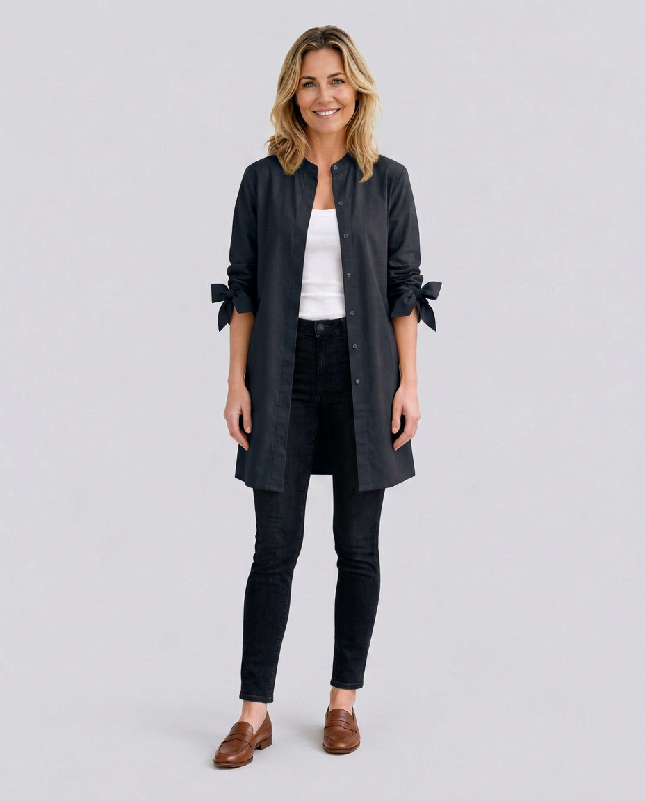 Women's Longline Oversized Shirt with Tie Sleeves – Button-Up Cotton Blend Summer Shirt