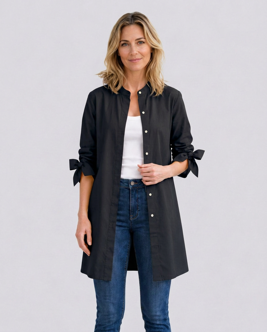 Women's Longline Oversized Shirt with Tie Sleeves – Button-Up Cotton Blend Summer Shirt