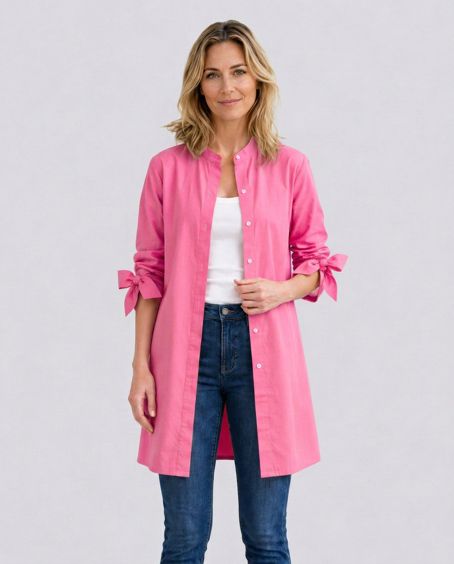 Women's Longline Oversized Shirt with Tie Sleeves – Button-Up Cotton Blend Summer Shirt