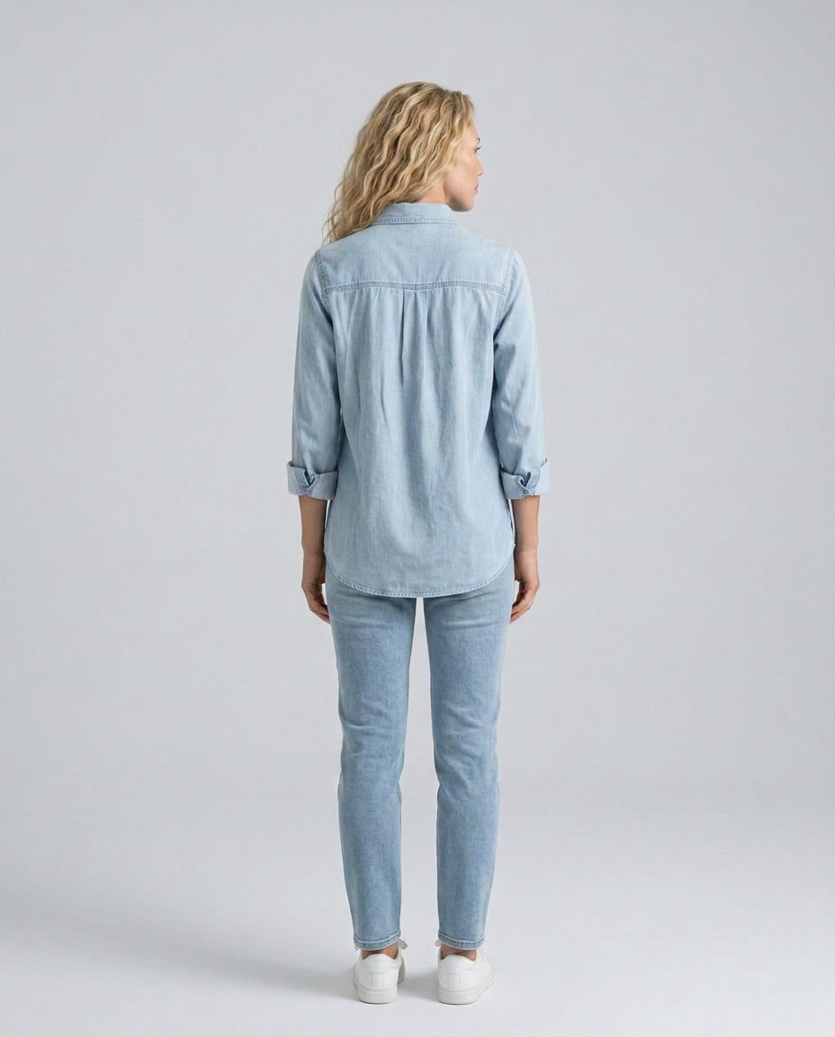 Women's Long Sleeve Denim Shirt with Button Front & Chest Pockets – Relaxed Casual Shirt