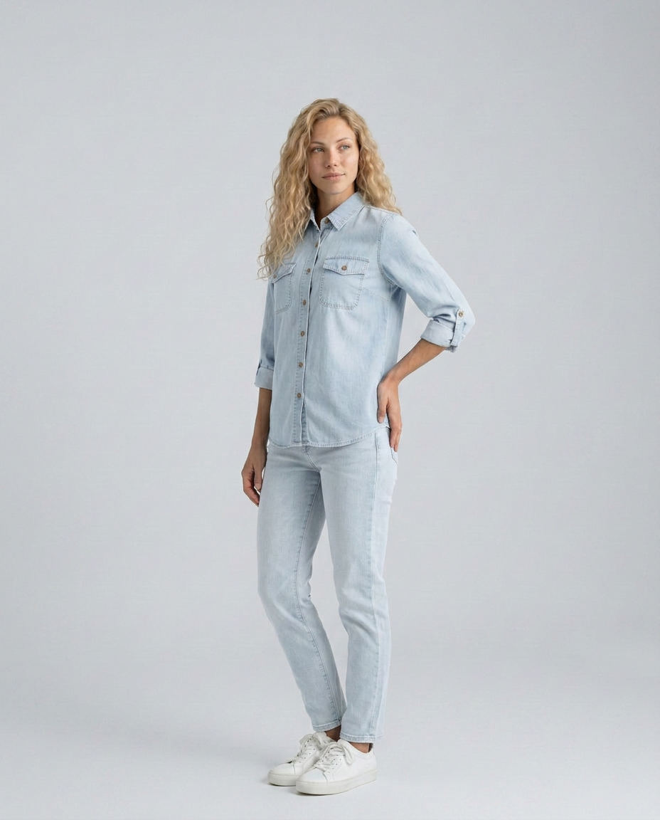 Women's Long Sleeve Denim Shirt with Button Front & Chest Pockets – Relaxed Casual Shirt