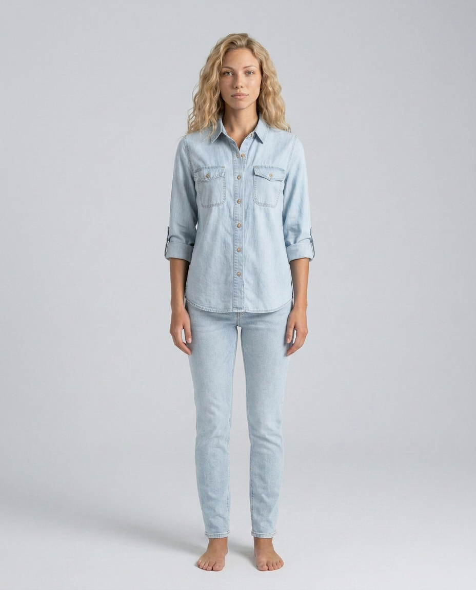 Women's Long Sleeve Denim Shirt with Button Front & Chest Pockets – Relaxed Casual Shirt