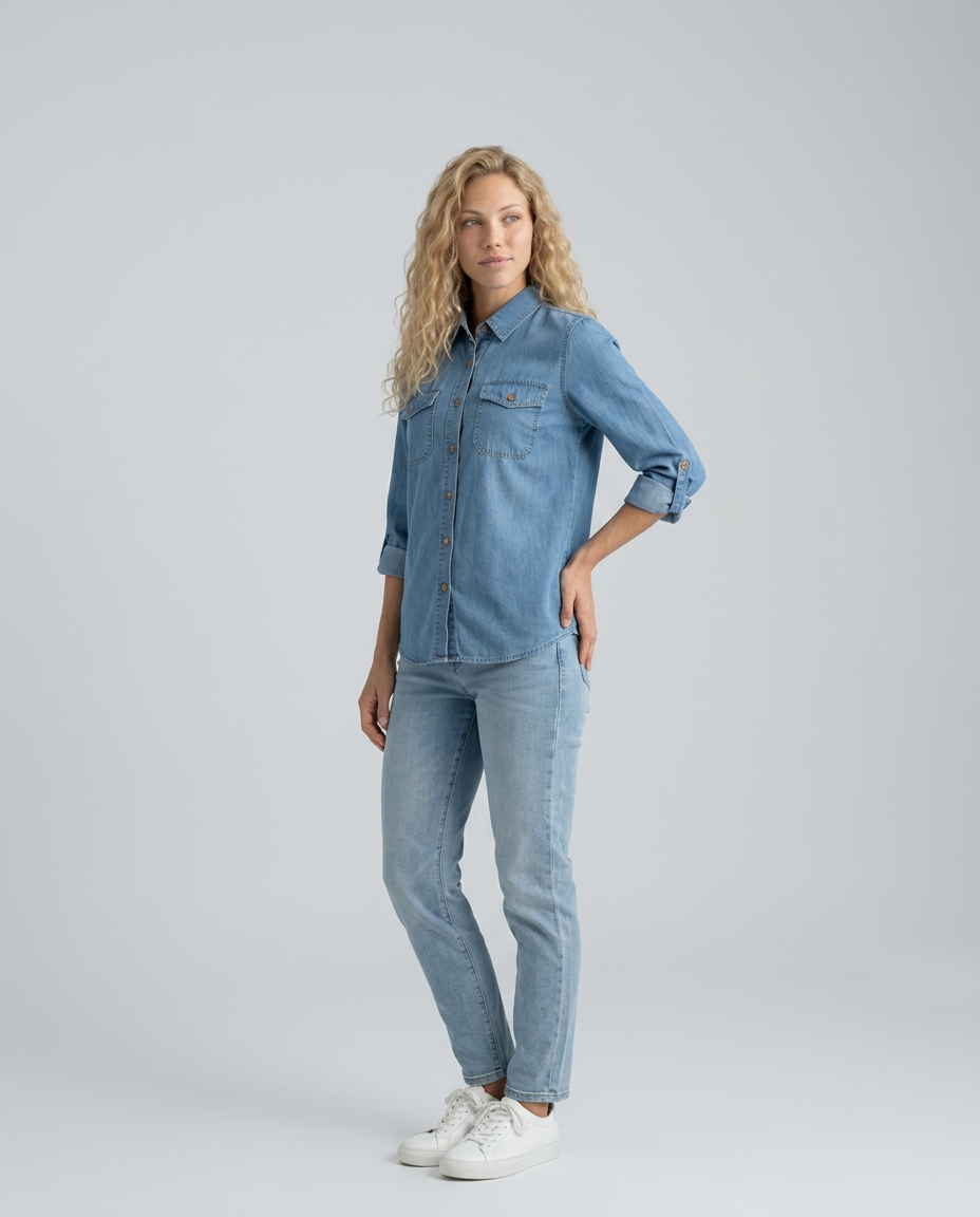 Women's Long Sleeve Denim Shirt with Button Front & Chest Pockets – Relaxed Casual Shirt
