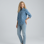 Women's Long Sleeve Denim Shirt with Button Front & Chest Pockets – Relaxed Casual Shirt