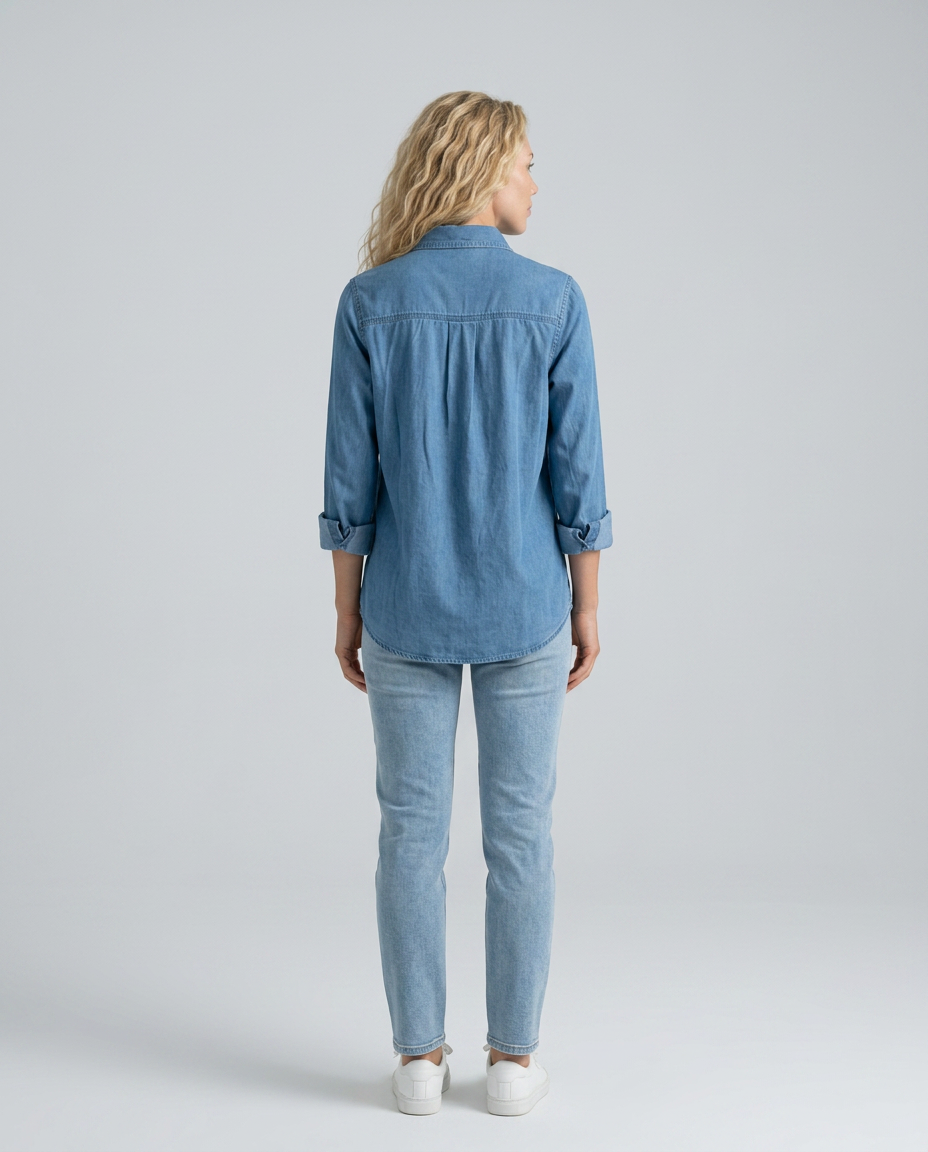 Women's Long Sleeve Denim Shirt with Button Front & Chest Pockets – Relaxed Casual Shirt