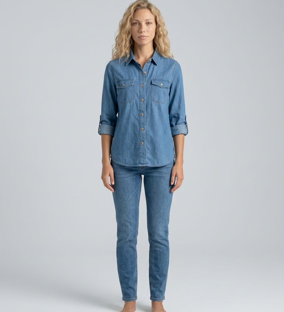 Women's Long Sleeve Denim Shirt with Button Front & Chest Pockets – Relaxed Casual Shirt