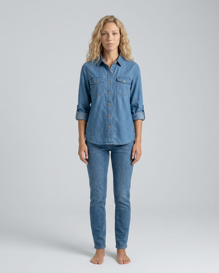 Women's Long Sleeve Denim Shirt with Button Front & Chest Pockets – Relaxed Casual Shirt