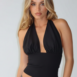 Women's Black Halter Top with Gathered Bust – Fitted Nylon Summer Top