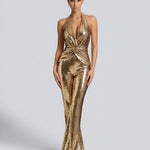 Women's Gold Metallic Jumpsuit with Twisted Front – Sleeveless Formal Evening Jumpsuit