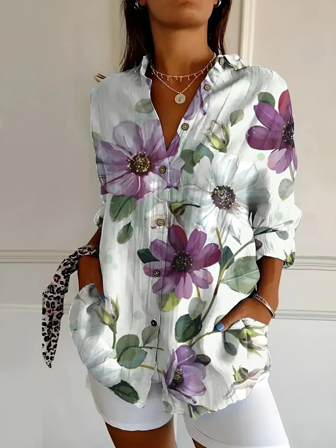 Women's Floral Print Blouse with Long Sleeves – Lightweight Relaxed Summer Top