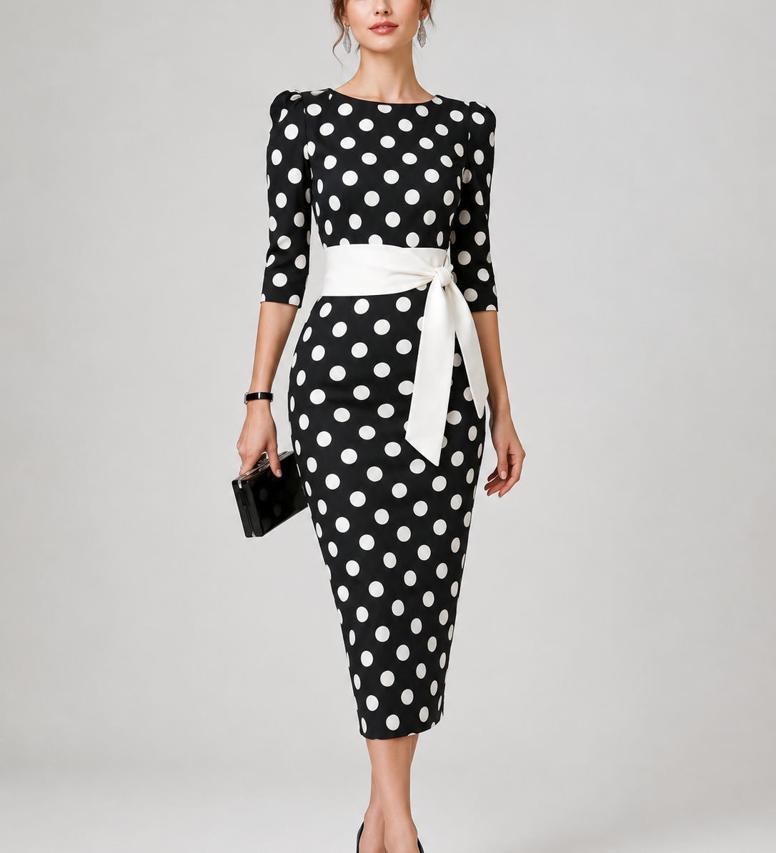 Women's Polka Dot Midi Dress – Elegant Day Dress for Brunch, Garden Parties & Race Days