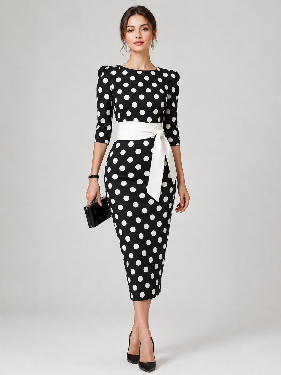 Women's Polka Dot Midi Dress – Elegant Day Dress for Brunch, Garden Parties & Race Days