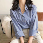 Women's Striped Button-Down Long Sleeve Blouse – Collared Shirt for Work and Weekend