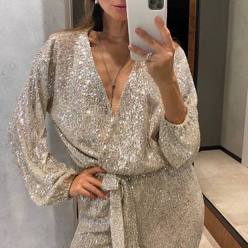 Women's Sequin Strapless Wide Leg Jumpsuit with Belt – Glitter Party and Evening Jumpsuit