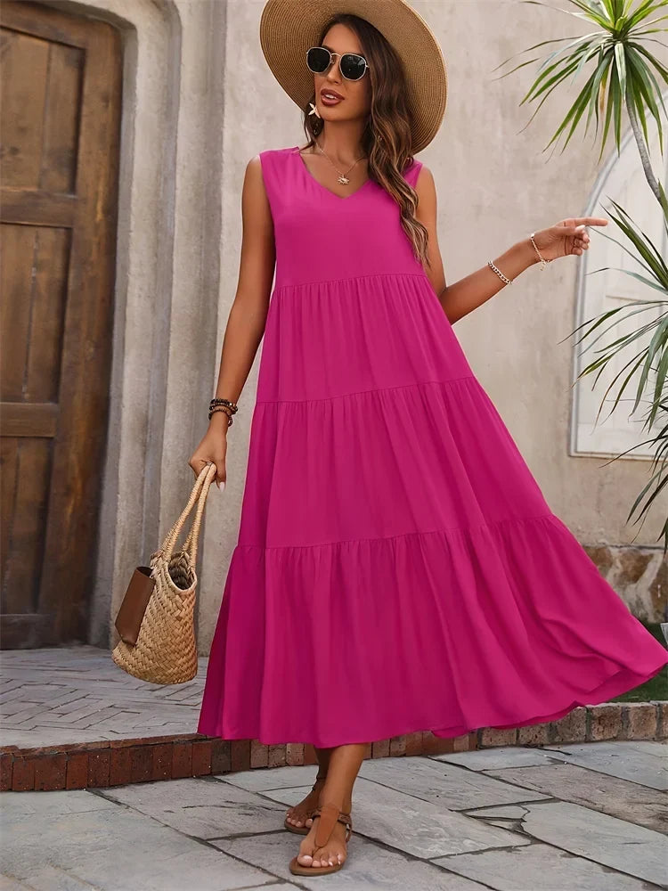 Women's Sleeveless V-Neck Tiered Maxi Dress – Relaxed Flowing Summer Dress