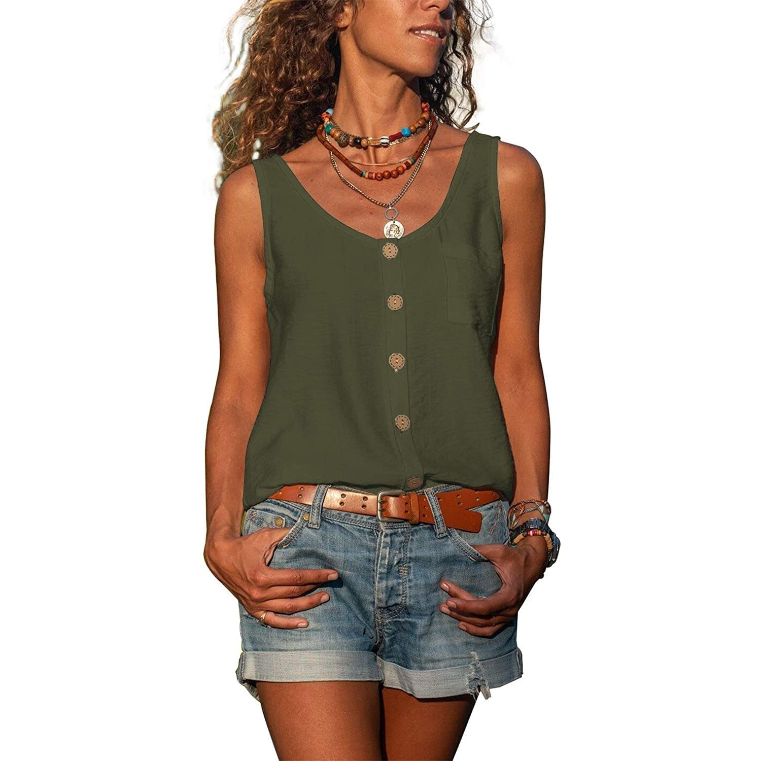 Women's Round Neck Sleeveless Tank Top with Button Detail – Relaxed Casual Summer Top