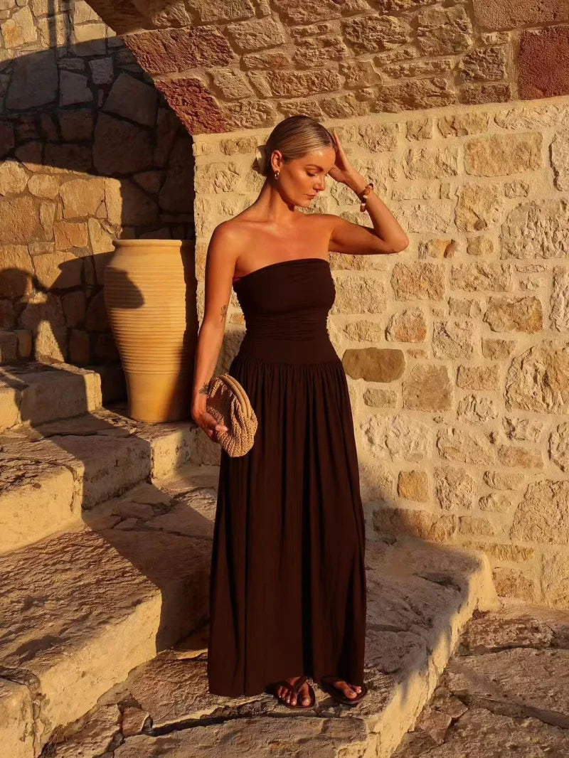 Women's Strapless Pleated Maxi Dress with Ruched Bodice – Brown Summer Occasion Dress