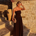Women's Strapless Pleated Maxi Dress with Ruched Bodice – Brown Summer Occasion Dress