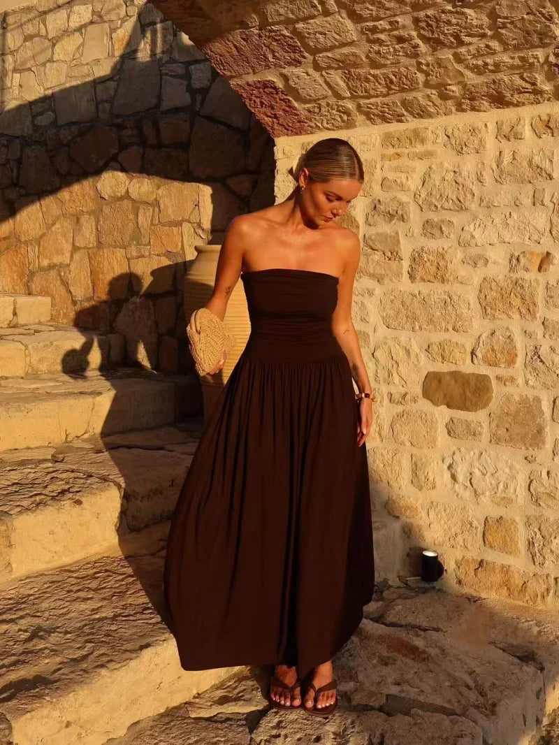 Women's Strapless Pleated Maxi Dress with Ruched Bodice – Brown Summer Occasion Dress
