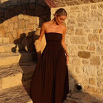 Women's Strapless Pleated Maxi Dress with Ruched Bodice – Brown Summer Occasion Dress