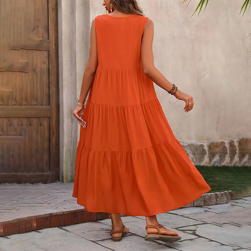 Women's Sleeveless V-Neck Tiered Maxi Dress – Relaxed Flowing Summer Dress