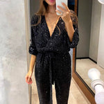 Women's Sequin Strapless Wide Leg Jumpsuit with Belt – Glitter Party and Evening Jumpsuit