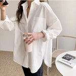 Women's White Oversized Button-Down Blouse – Long Sleeve Shirt with Chest Pocket