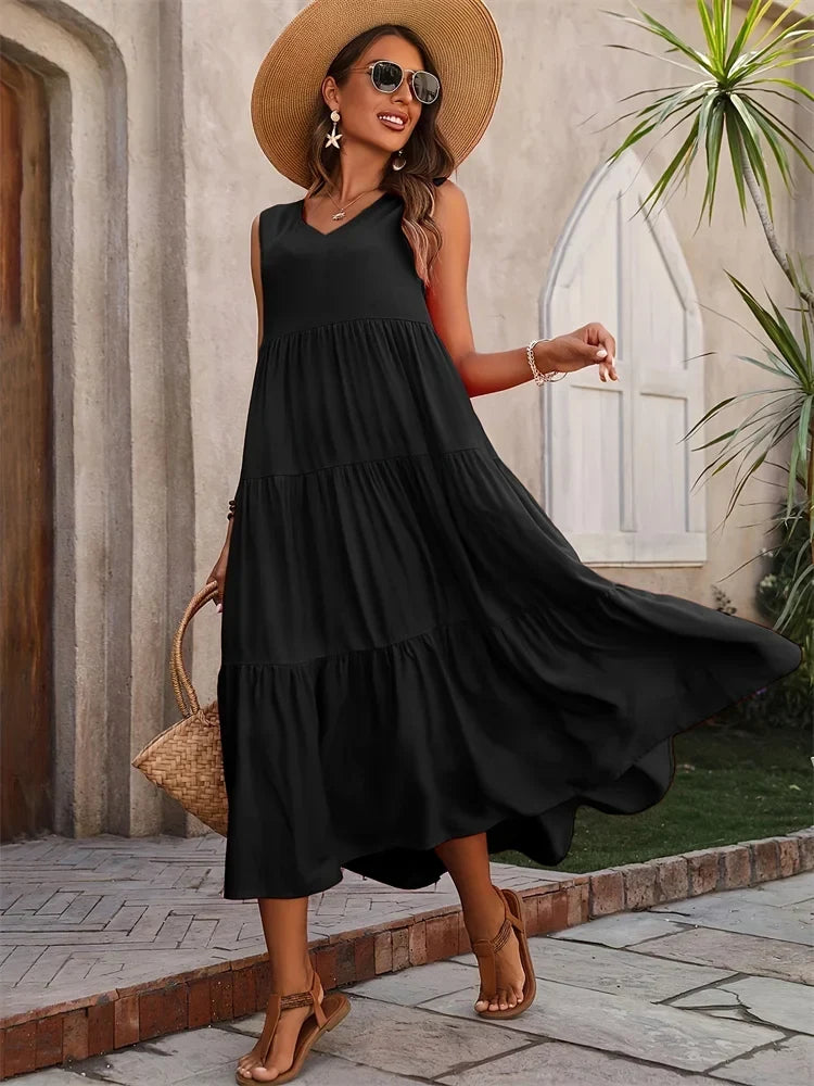 Women's Sleeveless V-Neck Tiered Maxi Dress – Relaxed Flowing Summer Dress