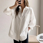 Women's White Oversized Button-Down Blouse – Long Sleeve Shirt with Chest Pocket